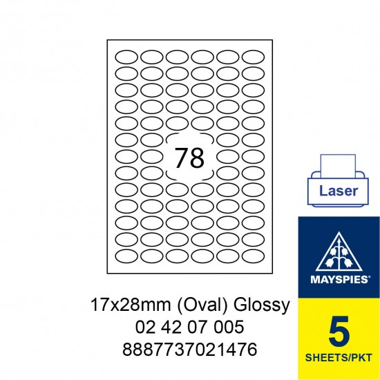 MAYSPIES 02 42 07 005 PREMIUM COLOR LASER LABEL / 5 SHEETS/PKT WHITE GLOSSY 17x28MM OVAL